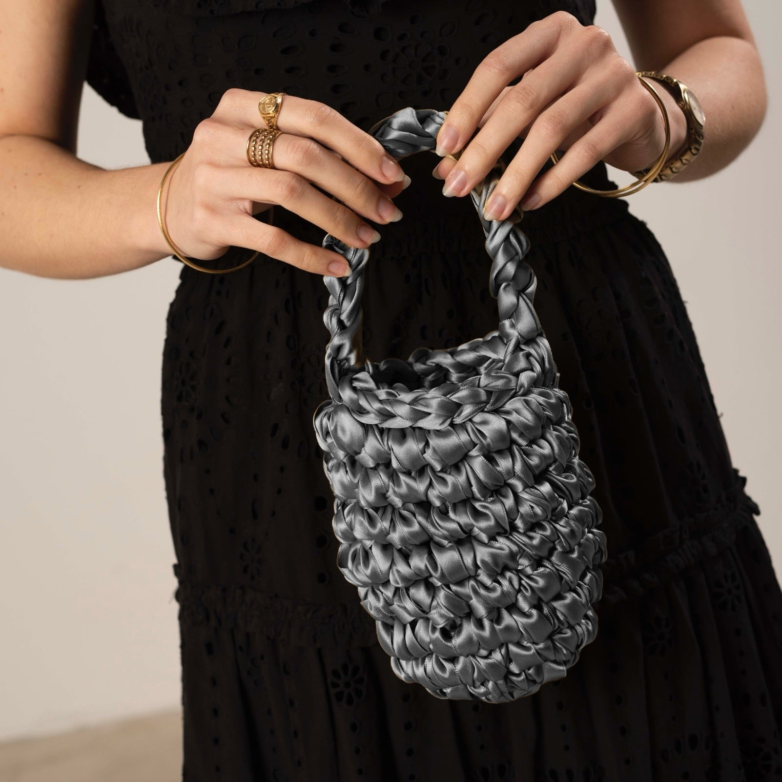Crochet satin bucket bag in gray